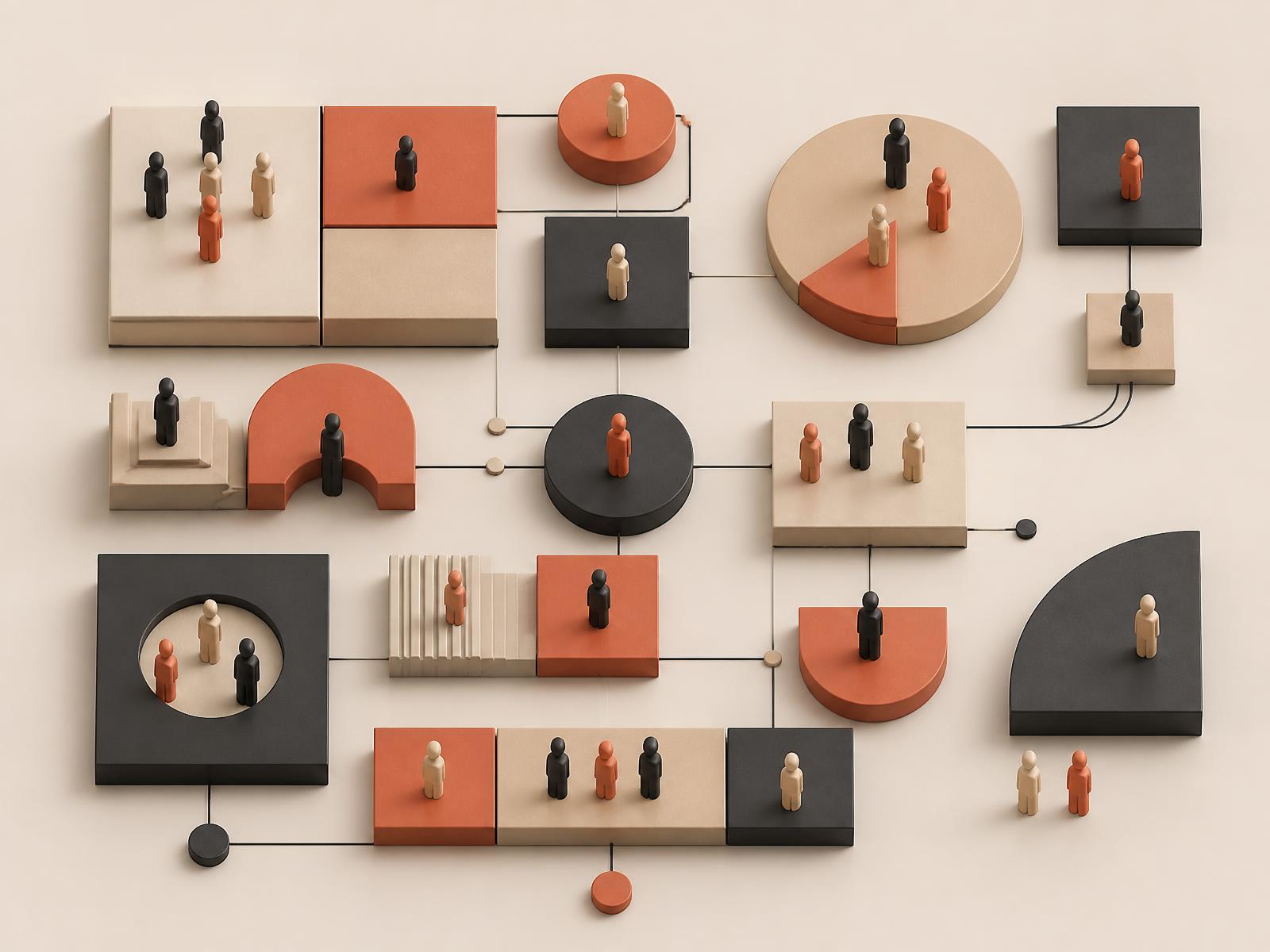 Abstract workforce network illustration with small figures and connected shapes