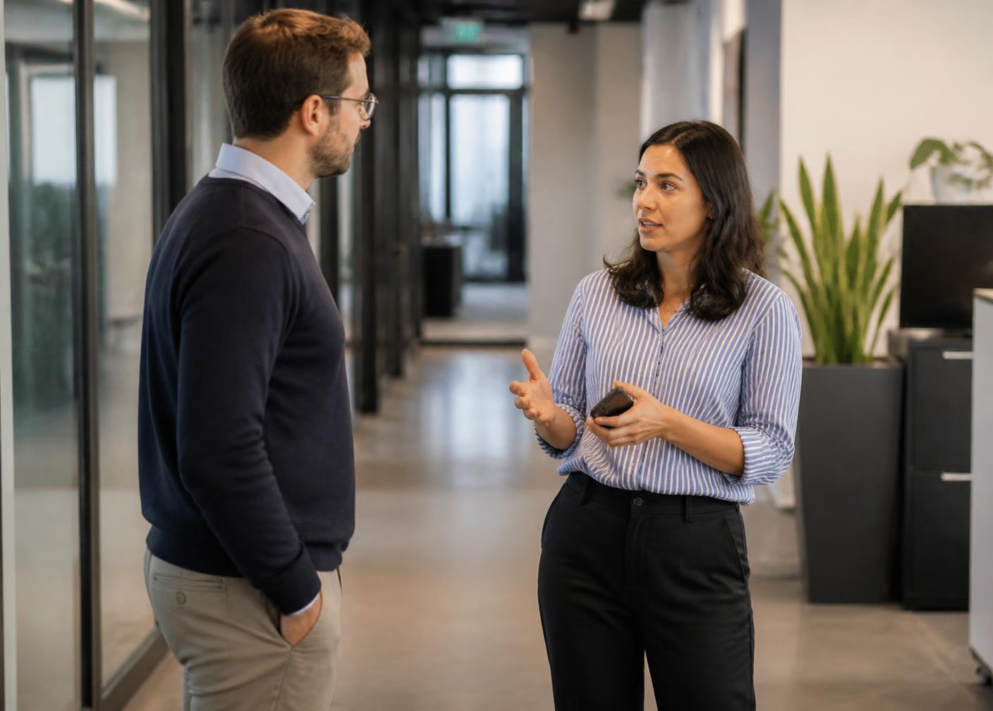 Two professionals having a conversation in a modern office
